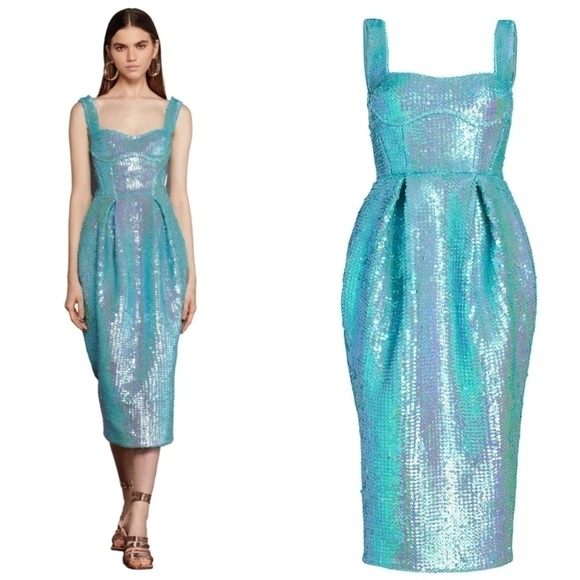 New Bronx And Banco Pleated Sequin Sweetheart Turquoise Midi Dress Large/8 US - Picture 1 of 15